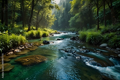 A river meanders through a thicket of verdant forest, producing an enthralling scene of breathtaking natural beauty. A river meandering through a rainforest's vivid undergrowth