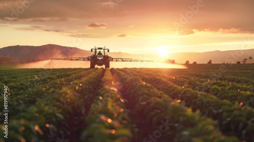 A farmer is spraying pesticides on a field of soybeans at sunset.