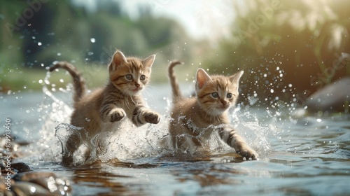 Two adorable kittens playing in the water, perfect for pet-related projects