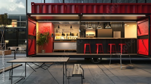 Food truck container cafe mobile mock up design loft style architecture identity concept : Generative AI