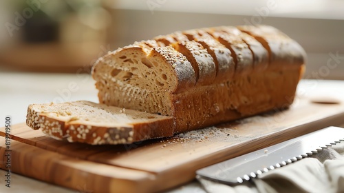 Freshly baked bread on a cutting board with a knife. The bread is sliced and ready to be eaten.