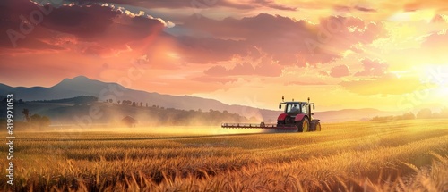 A farmer drives a tractor through a golden wheat field at sunset.
