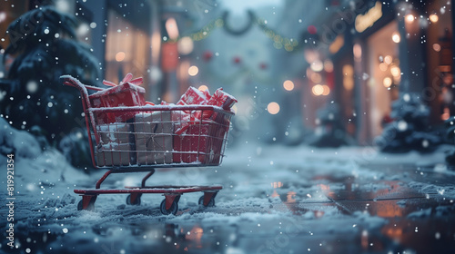 Winter Sale offer background for wallpaper, flyers, invitations, posters. Shopping trolley or cart full of gift boxes. Concept of sell or buy with copy space