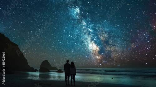 A couple stargazing on a remote beach, with the Milky Way galaxy visible overhead and waves lapping at their feet