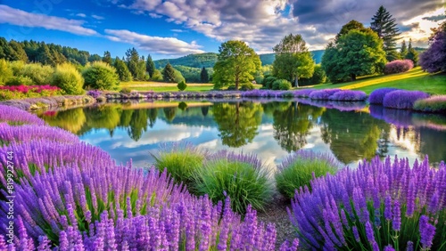 lavender flower plants on the edge of the lake with a small hill in the background