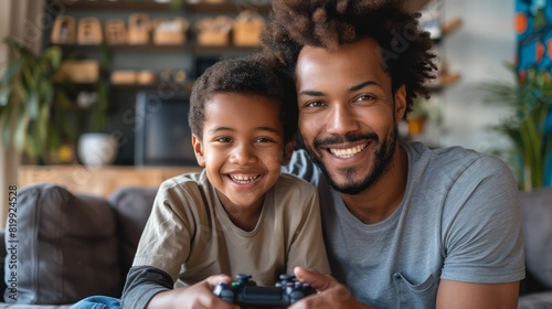 A man and a child are playing a video game together