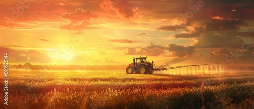 A farmer is spraying pesticides on a field of wheat at sunset.