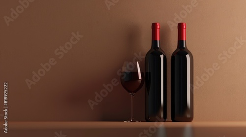 Two bottles of red wine and a glass of red wine on a brown background. AIG51A.