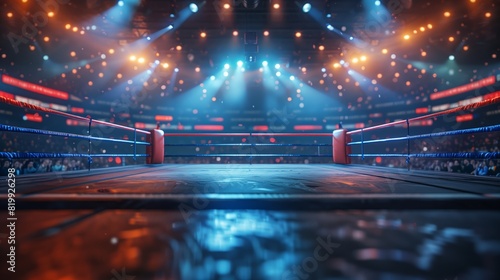 An empty boxing ring illuminated by bright lights with a blurred background of spectators and stadium lights