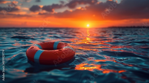 Lifebuoy Floating in the Open Ocean at Sunset. Rescue and Security Concept