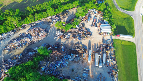 Small town recycling center near service road, pile of ferrous, nonferrous scrap metals, vehicle parts in Mountain Grove MO, vehicle part, old appliance, electronics, environmental risks, aerial
