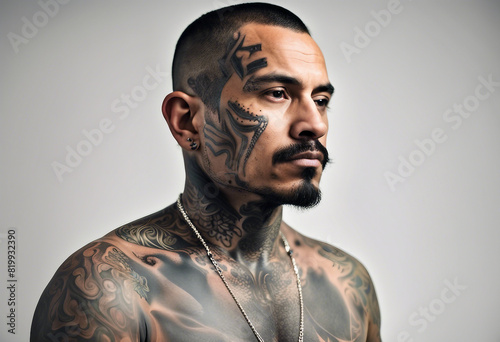 portrait of a tattooed Mexican drug trafficker, isolated white background 