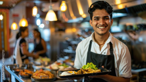 Indian waiter, smiling, holding a tray with the dish ordered by the customer, French fries, rice, beans, fried egg and lettuce salad