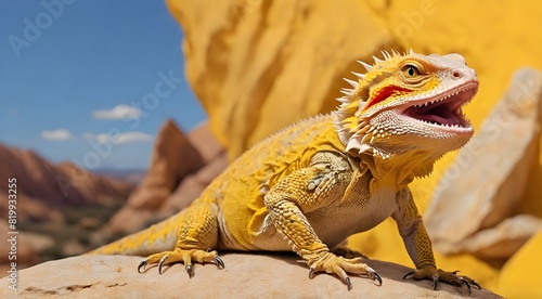 Central bearded dragon sitting on yellow rock with open mouth and clean yellow background 