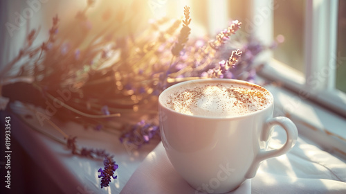 cup of cappuccino with cinnamon and lavender