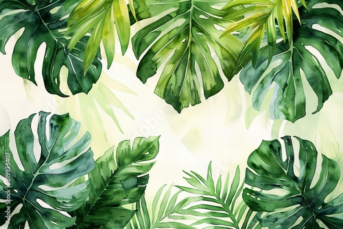 Various watercolor art design tropical palm leaves