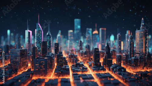 3D-rendered voxel cityscape illustration with a modern futuristic design perspective.