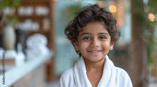 Cute indian little boy in bathrobe