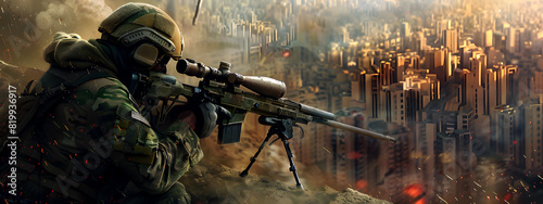 A sniper is aiming his big rifle at the city, and he is waiting for his prey. sniper rifle, target, prey, surveillance, sharpshooter, precision, military, tactical