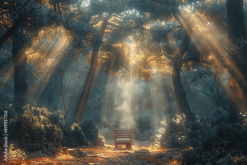 A chair resting in a forest filled with trees with sun beams
