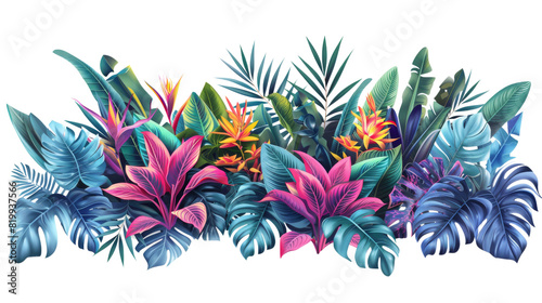 A collection of vibrant and various tropical plants and leaves on a transparent background