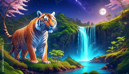 Tiger by a Waterfall- A tiger standing by a gentle waterfall at night, smiling proudly. 