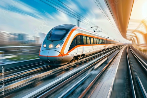 A high speed train gliding smoothly through the urban landscape of a city, showcasing modern transportation infrastructure in action