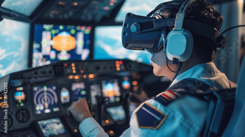 A pilot practicing maneuvers in a flight simulator with VR glasses, illustrating VR in aviation training.