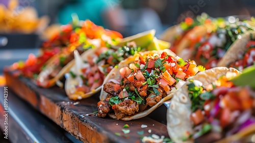 Close-up of colorful, fresh tacos filled with various ingredients, capturing the vibrant flavors and textures of Mexican street food.