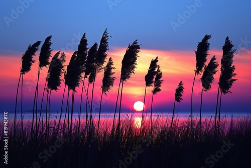 Digital image of reed plants silhouetted , high quality, high resolution