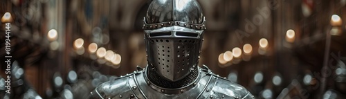 A medieval knight's silver armor displayed in an armory, front view, historical protection, digital binary as object, Vivid