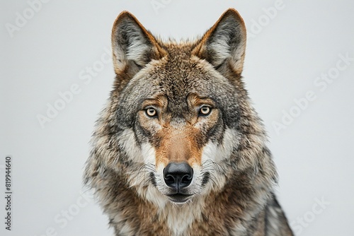 Wolf on white background with furrowed brow, high quality, high resolution