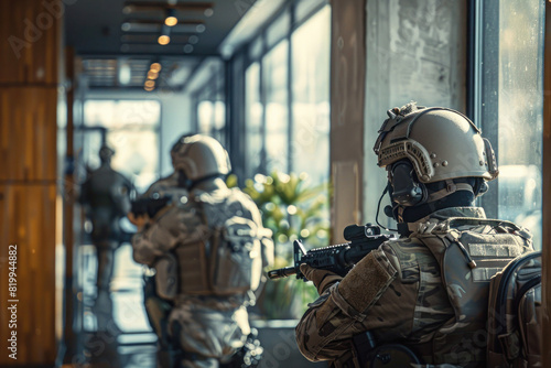 A tense hostage situation in an office building, SWAT team negotiating, visible tension among the hostages