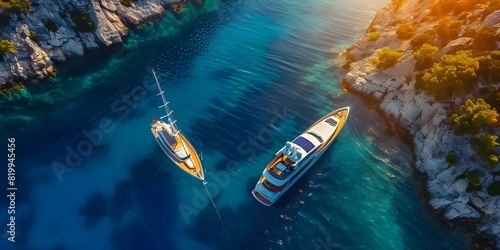 Aerial View of a Luxury Boat in the Sunny Adriatic Sea. Concept Boat Photography, Aerial View, Luxury Yacht, Adriatic Sea, Sunny Day