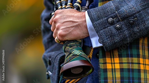 Traditional Scottish bagpiper in tartan kilt holding bagpipes