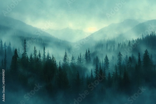 Depicting a many pine trees stand on a fog filled forest, high quality, high resolution