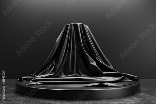 Mysterious object under black cloth on pedestal in dark room