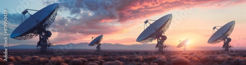 A row of large satellite dishes is seen at sunset in a desert setting, against a colorful sky with mountains in the background. The scene conveys the blend of technology and nature