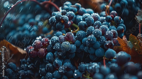 Fresh blue grapes with water droplets in vineyard