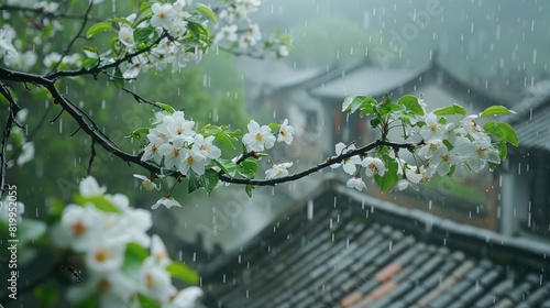 Beautiful cherry blossom during rain in asia background. Blooming plum branches. Rainy spring day, bad weather. White sakura tree park. Natural garden. Asian temple.