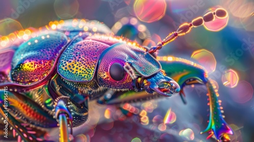 Create an image of a hyper-realistic iridescent beetle, with rainbow-like colors