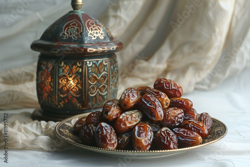 A plate with dates and a moroccan lantern, high quality, high resolution
