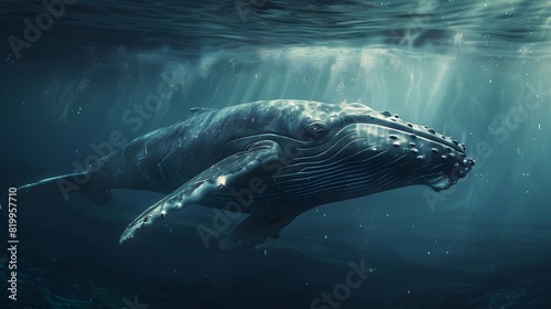 A humpback whale swimming in the ocean, blue water, underwater photography, in the style of national geographic photography. 