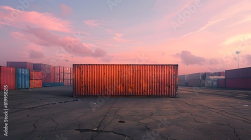 A large shipping container is standing in the middle of an empty lot with other containers behind it. It's a bright orange color and has black stripes on its sides. 