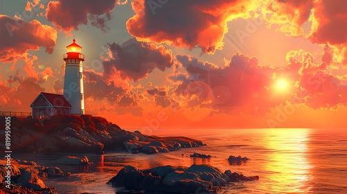 A lighthouse stands on the rocky shore, illuminated by its light against the backdrop of an orange sunset with clouds in the sky. 