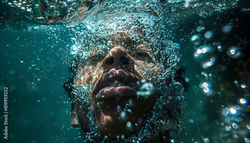 young black man underwater, eyes closed, bubbles around, depiction of helplessness in depression