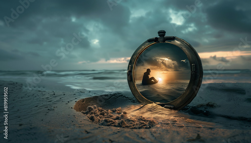 pocket watch in sand on beach, man at water's edge, sunset through watch, clouds, waves in background