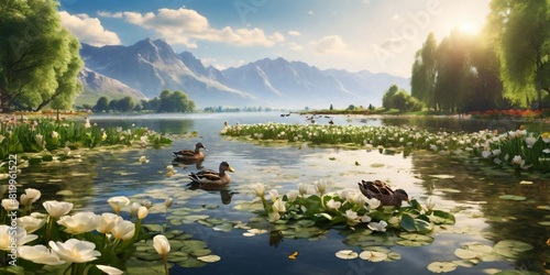 A peaceful lakeside scene with lilies and ducks swimming 