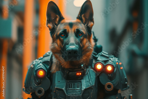 Digital illustration of dog monster in spy agent scene. monster futuristic pose. Concept art science fiction creepy alien character, Generative AI