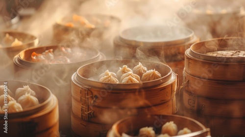 Chinese dim sum variety in bamboo steamers close up, Chinese cuisine theme, whimsical, silhouette, teahouse backdrop